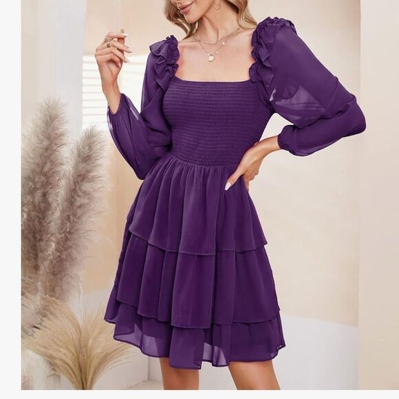 Dresses & Skirts - Women's Smocked Bodice Ruffle Mini Dress Square Neck Long Sleeve, Size L